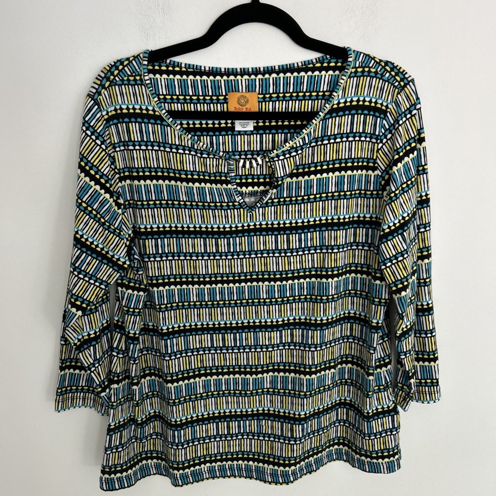 Rudy Rd Medium Women's Tunic Top 3/4 Sleeve Yellow Blue Black‎ Cut Out Neckline
